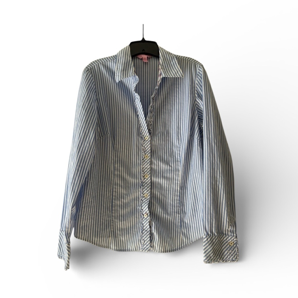 Lilly Pulitzer Blue & White Striped Ruffle Button-Down Shirt Size 14
